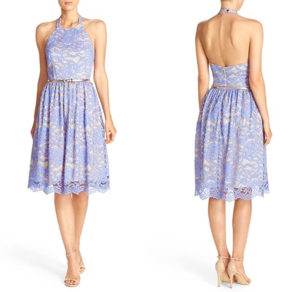 Eliza J Light Blue Lace Halter Fit & Flare Dress